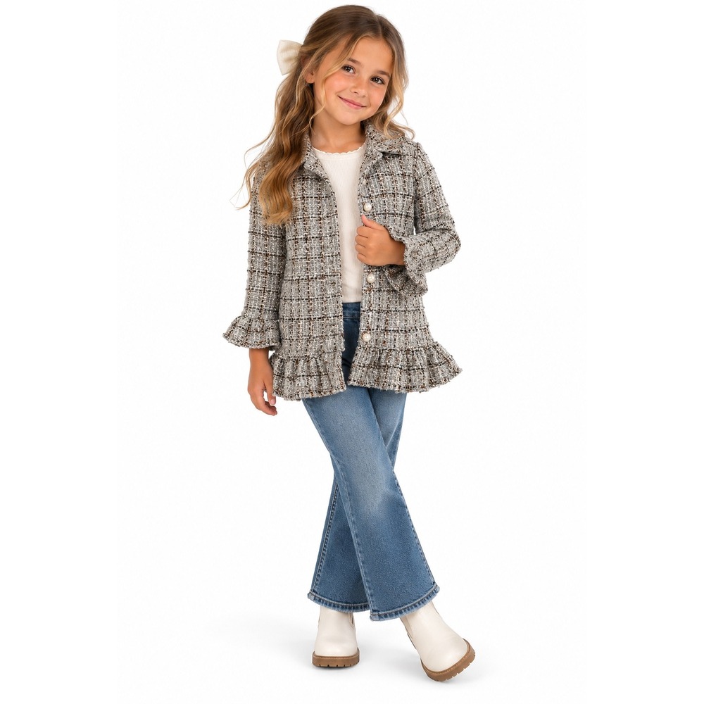 Nannette Tweed Longline Jacket Kids Size 6 Grey Plaid Pearl Button Ruffle Preppy